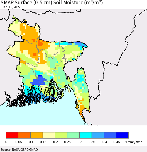 Bangladesh SMAP Surface (0-5 cm) Soil Moisture (m³/m³) Thematic Map For 1/11/2022 - 1/15/2022
