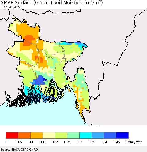 Bangladesh SMAP Surface (0-5 cm) Soil Moisture (m³/m³) Thematic Map For 1/16/2022 - 1/20/2022