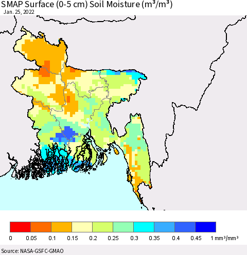 Bangladesh SMAP Surface (0-5 cm) Soil Moisture (m³/m³) Thematic Map For 1/21/2022 - 1/25/2022