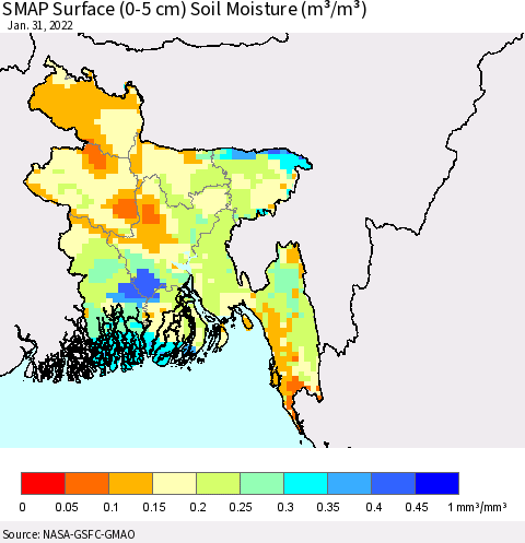 Bangladesh SMAP Surface (0-5 cm) Soil Moisture (m³/m³) Thematic Map For 1/26/2022 - 1/31/2022