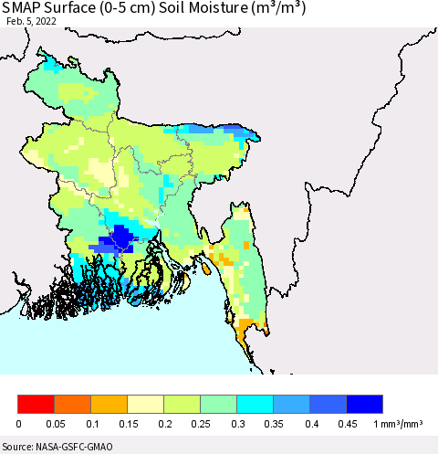 Bangladesh SMAP Surface (0-5 cm) Soil Moisture (m³/m³) Thematic Map For 2/1/2022 - 2/5/2022