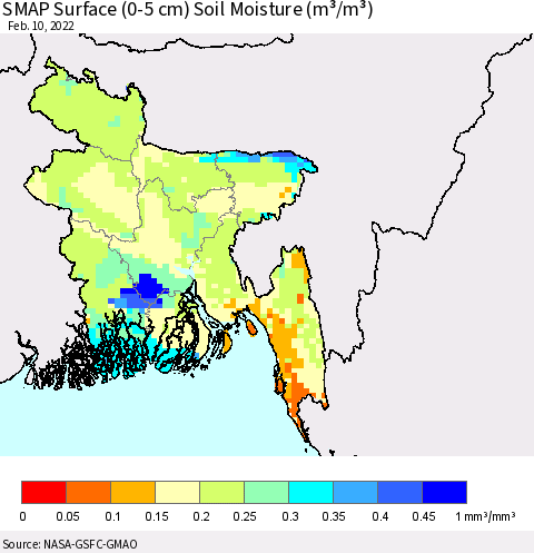 Bangladesh SMAP Surface (0-5 cm) Soil Moisture (m³/m³) Thematic Map For 2/6/2022 - 2/10/2022
