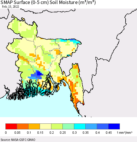 Bangladesh SMAP Surface (0-5 cm) Soil Moisture (m³/m³) Thematic Map For 2/11/2022 - 2/15/2022