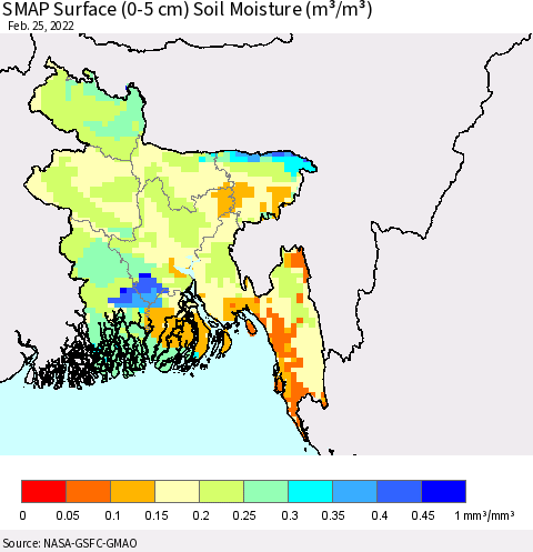 Bangladesh SMAP Surface (0-5 cm) Soil Moisture (m³/m³) Thematic Map For 2/21/2022 - 2/25/2022
