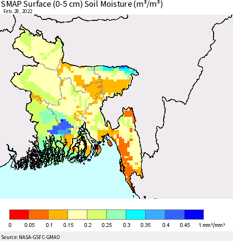 Bangladesh SMAP Surface (0-5 cm) Soil Moisture (m³/m³) Thematic Map For 2/26/2022 - 2/28/2022