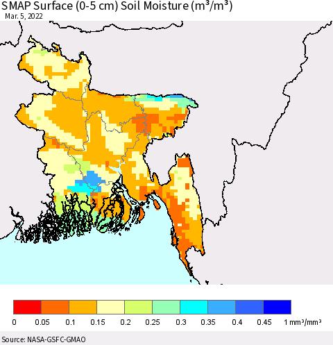 Bangladesh SMAP Surface (0-5 cm) Soil Moisture (m³/m³) Thematic Map For 3/1/2022 - 3/5/2022