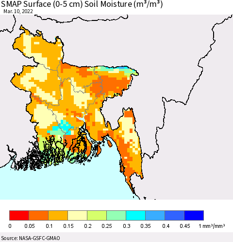 Bangladesh SMAP Surface (0-5 cm) Soil Moisture (m³/m³) Thematic Map For 3/6/2022 - 3/10/2022