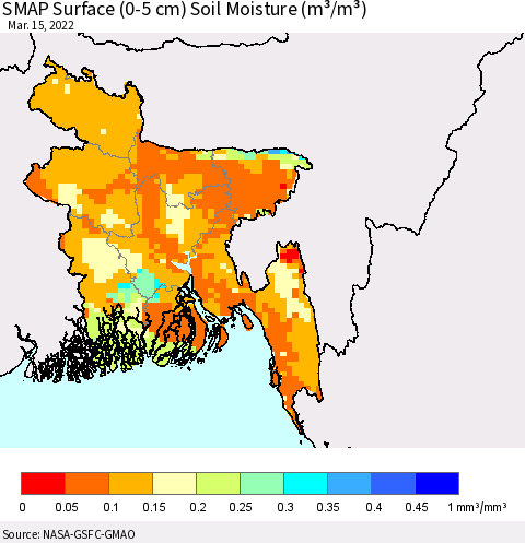 Bangladesh SMAP Surface (0-5 cm) Soil Moisture (m³/m³) Thematic Map For 3/11/2022 - 3/15/2022