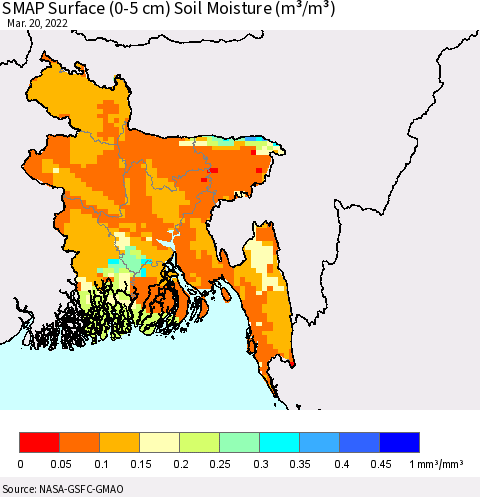 Bangladesh SMAP Surface (0-5 cm) Soil Moisture (m³/m³) Thematic Map For 3/16/2022 - 3/20/2022
