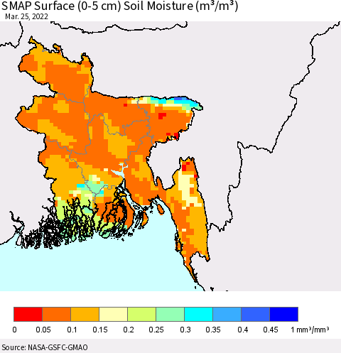 Bangladesh SMAP Surface (0-5 cm) Soil Moisture (m³/m³) Thematic Map For 3/21/2022 - 3/25/2022