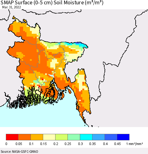 Bangladesh SMAP Surface (0-5 cm) Soil Moisture (m³/m³) Thematic Map For 3/26/2022 - 3/31/2022