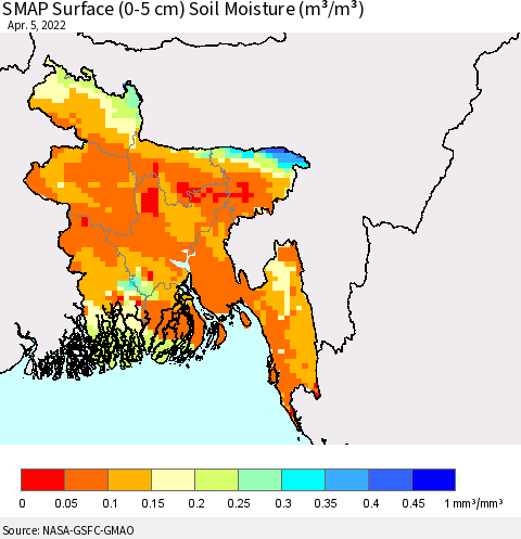 Bangladesh SMAP Surface (0-5 cm) Soil Moisture (m³/m³) Thematic Map For 4/1/2022 - 4/5/2022