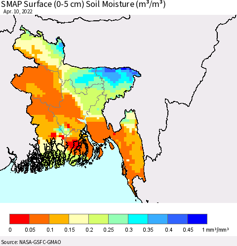 Bangladesh SMAP Surface (0-5 cm) Soil Moisture (m³/m³) Thematic Map For 4/6/2022 - 4/10/2022