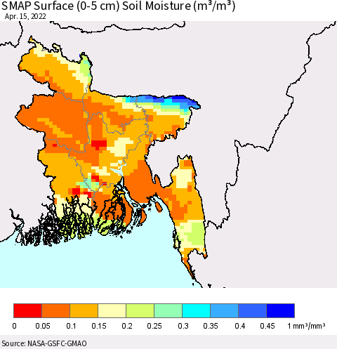 Bangladesh SMAP Surface (0-5 cm) Soil Moisture (m³/m³) Thematic Map For 4/11/2022 - 4/15/2022