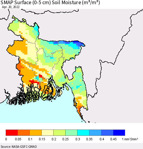 Bangladesh SMAP Surface (0-5 cm) Soil Moisture (m³/m³) Thematic Map For 4/16/2022 - 4/20/2022