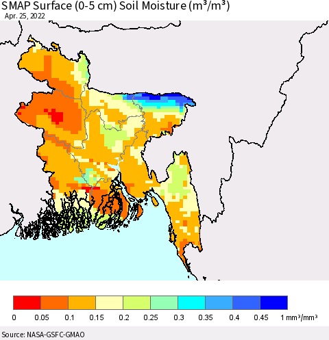 Bangladesh SMAP Surface (0-5 cm) Soil Moisture (m³/m³) Thematic Map For 4/21/2022 - 4/25/2022