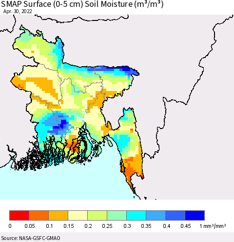 Bangladesh SMAP Surface (0-5 cm) Soil Moisture (m³/m³) Thematic Map For 4/26/2022 - 4/30/2022
