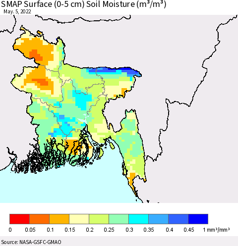 Bangladesh SMAP Surface (0-5 cm) Soil Moisture (m³/m³) Thematic Map For 5/1/2022 - 5/5/2022