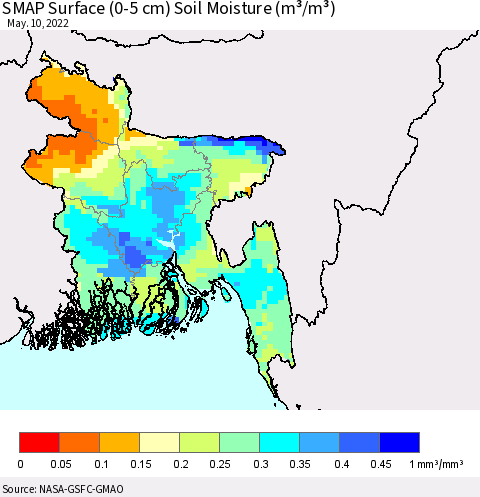 Bangladesh SMAP Surface (0-5 cm) Soil Moisture (m³/m³) Thematic Map For 5/6/2022 - 5/10/2022