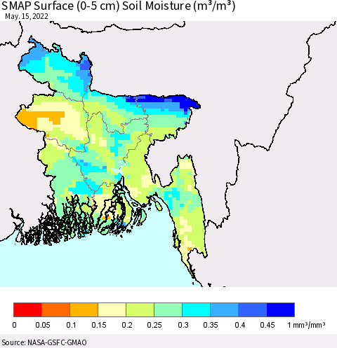 Bangladesh SMAP Surface (0-5 cm) Soil Moisture (m³/m³) Thematic Map For 5/11/2022 - 5/15/2022