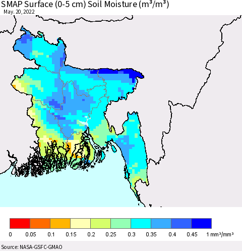 Bangladesh SMAP Surface (0-5 cm) Soil Moisture (m³/m³) Thematic Map For 5/16/2022 - 5/20/2022