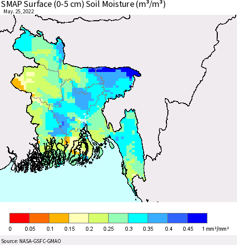 Bangladesh SMAP Surface (0-5 cm) Soil Moisture (m³/m³) Thematic Map For 5/21/2022 - 5/25/2022