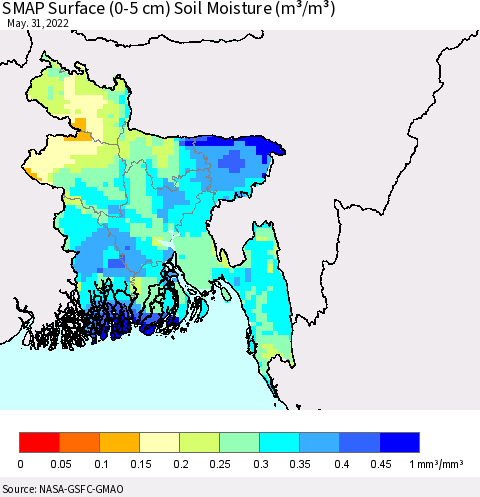 Bangladesh SMAP Surface (0-5 cm) Soil Moisture (m³/m³) Thematic Map For 5/26/2022 - 5/31/2022