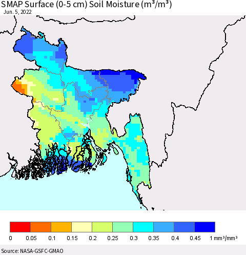 Bangladesh SMAP Surface (0-5 cm) Soil Moisture (m³/m³) Thematic Map For 6/1/2022 - 6/5/2022
