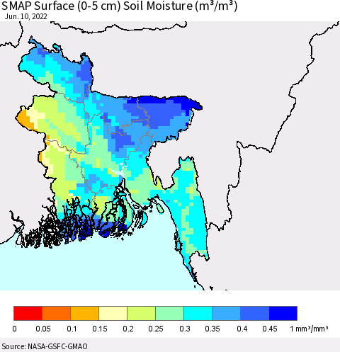 Bangladesh SMAP Surface (0-5 cm) Soil Moisture (m³/m³) Thematic Map For 6/6/2022 - 6/10/2022