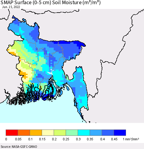Bangladesh SMAP Surface (0-5 cm) Soil Moisture (m³/m³) Thematic Map For 6/11/2022 - 6/15/2022
