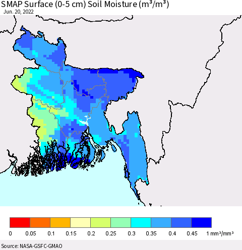 Bangladesh SMAP Surface (0-5 cm) Soil Moisture (m³/m³) Thematic Map For 6/16/2022 - 6/20/2022