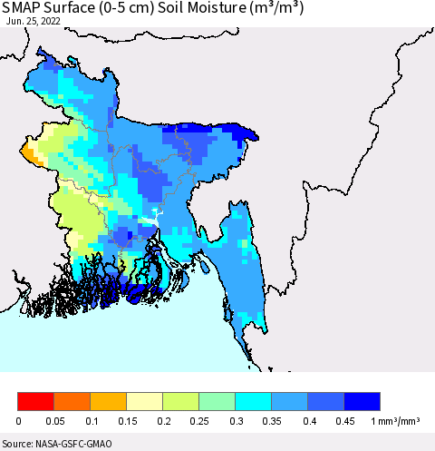 Bangladesh SMAP Surface (0-5 cm) Soil Moisture (m³/m³) Thematic Map For 6/21/2022 - 6/25/2022