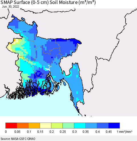 Bangladesh SMAP Surface (0-5 cm) Soil Moisture (m³/m³) Thematic Map For 6/26/2022 - 6/30/2022