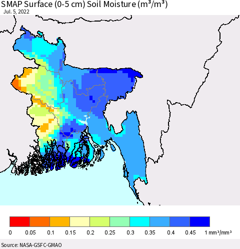 Bangladesh SMAP Surface (0-5 cm) Soil Moisture (m³/m³) Thematic Map For 7/1/2022 - 7/5/2022