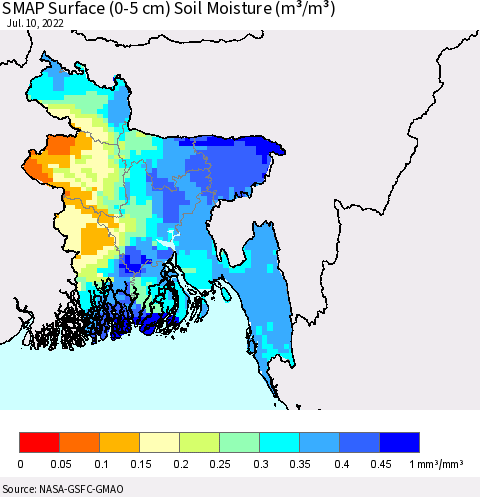 Bangladesh SMAP Surface (0-5 cm) Soil Moisture (m³/m³) Thematic Map For 7/6/2022 - 7/10/2022