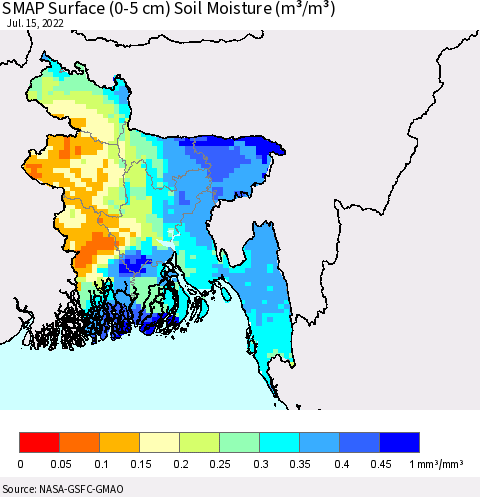 Bangladesh SMAP Surface (0-5 cm) Soil Moisture (m³/m³) Thematic Map For 7/11/2022 - 7/15/2022