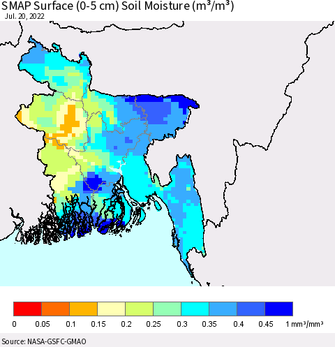 Bangladesh SMAP Surface (0-5 cm) Soil Moisture (m³/m³) Thematic Map For 7/16/2022 - 7/20/2022