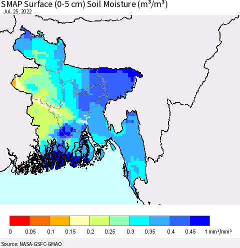Bangladesh SMAP Surface (0-5 cm) Soil Moisture (m³/m³) Thematic Map For 7/21/2022 - 7/25/2022