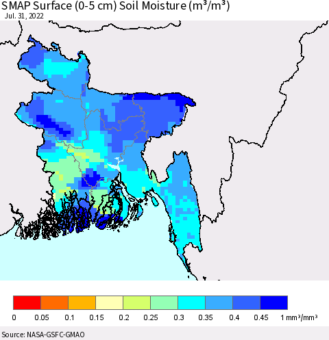 Bangladesh SMAP Surface (0-5 cm) Soil Moisture (m³/m³) Thematic Map For 7/26/2022 - 7/31/2022