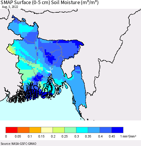 Bangladesh SMAP Surface (0-5 cm) Soil Moisture (m³/m³) Thematic Map For 8/1/2022 - 8/5/2022