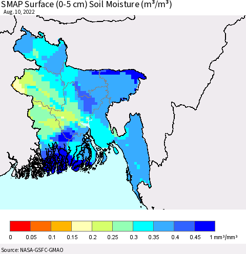 Bangladesh SMAP Surface (0-5 cm) Soil Moisture (m³/m³) Thematic Map For 8/6/2022 - 8/10/2022