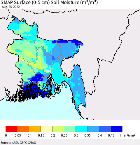 Bangladesh SMAP Surface (0-5 cm) Soil Moisture (m³/m³) Thematic Map For 8/21/2022 - 8/25/2022