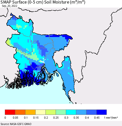 Bangladesh SMAP Surface (0-5 cm) Soil Moisture (m³/m³) Thematic Map For 9/16/2022 - 9/20/2022
