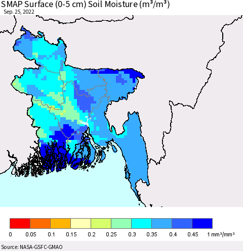Bangladesh SMAP Surface (0-5 cm) Soil Moisture (m³/m³) Thematic Map For 9/21/2022 - 9/25/2022