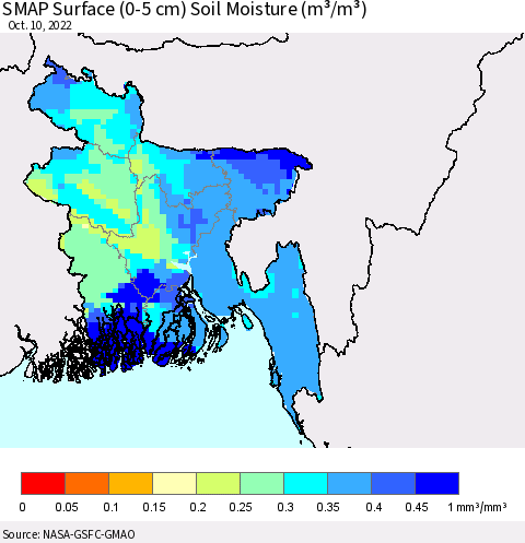 Bangladesh SMAP Surface (0-5 cm) Soil Moisture (m³/m³) Thematic Map For 10/6/2022 - 10/10/2022