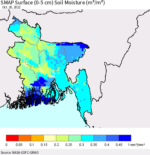Bangladesh SMAP Surface (0-5 cm) Soil Moisture (m³/m³) Thematic Map For 10/16/2022 - 10/20/2022