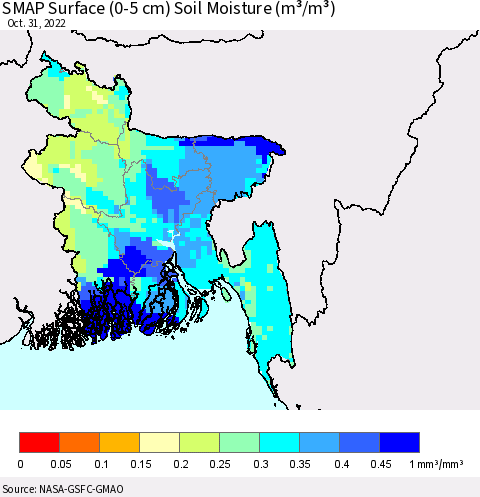 Bangladesh SMAP Surface (0-5 cm) Soil Moisture (m³/m³) Thematic Map For 10/26/2022 - 10/31/2022