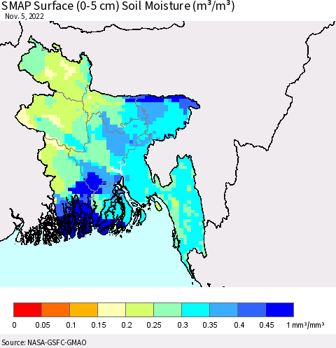 Bangladesh SMAP Surface (0-5 cm) Soil Moisture (m³/m³) Thematic Map For 11/1/2022 - 11/5/2022