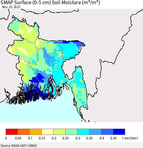 Bangladesh SMAP Surface (0-5 cm) Soil Moisture (m³/m³) Thematic Map For 11/6/2022 - 11/10/2022