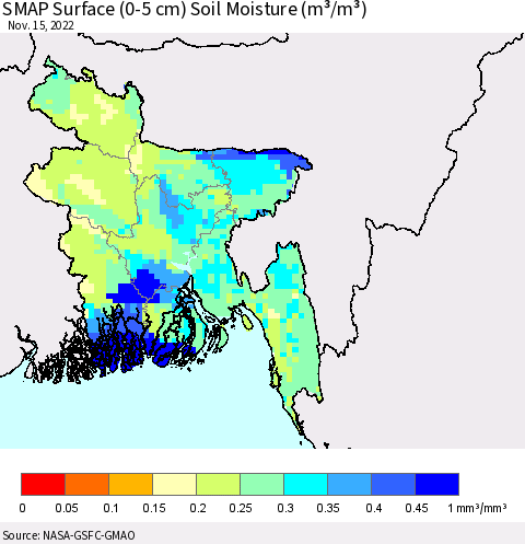 Bangladesh SMAP Surface (0-5 cm) Soil Moisture (m³/m³) Thematic Map For 11/11/2022 - 11/15/2022